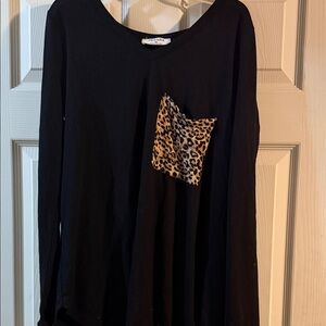 Zenana Outfitters Black Long Sleeve Top with Leopard Pocket
